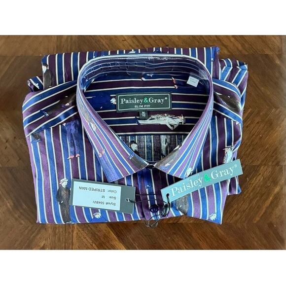 Paisley & Gray Men’s Slim Fit Dress Shirt M Striped Man Print Burgundy Navy NWT - Picture 13 of 14